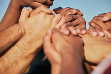 Closeup, teamwork and people holding hands, cooperation and support with empowerment. Diversity,...