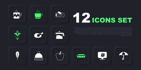Set Location with leaf, Umbrella, Roasted turkey or chicken, Homemade pie, Corn, Winter hat, Coffee cup and Apple icon. Vector