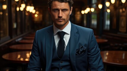 Fototapeta premium Handsome model man in a finely tailored suit, exuding confidence and elegance. Generative AI