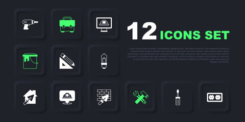 Set Screwdriver, Electrical outlet, Triangular ruler and pencil, Hammer wrench spanner, Paint bucket, Worker safety helmet, Toolbox and Brick wall with trowel icon. Vector