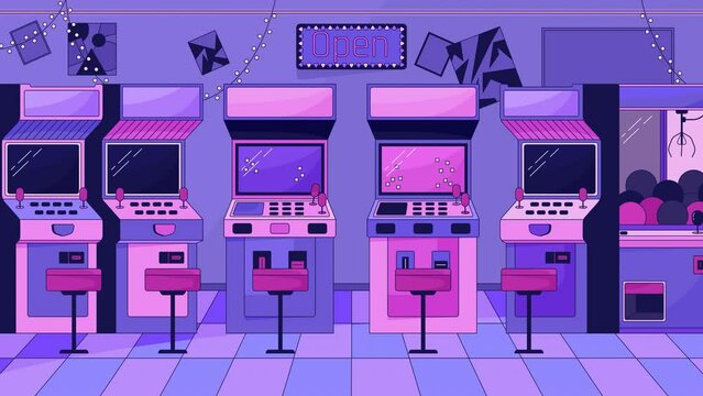 90s retro amusement arcade line cartoon animation. Game machines 4K video motion graphic. Entertainment room 2D linear animated background full frame, after hours aesthetic lofi live wallpaper