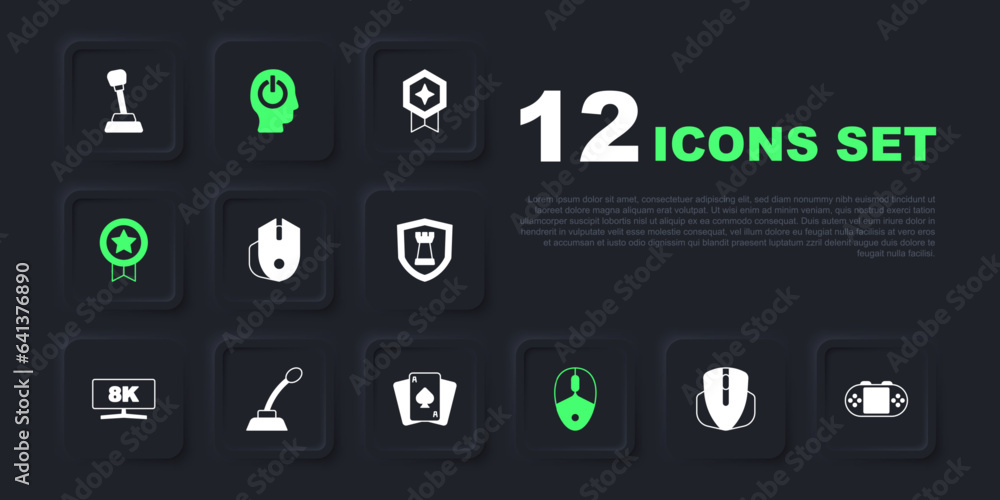 Poster set computer mouse, portable video game console, game rating with medal, microphone, power button an
