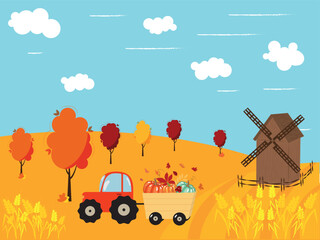 Autumn harvest. Tractor in the field with a trailer with pumpkins. High quality vector illustration.