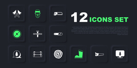 Set Hand saw, Location of the forest, Metallic nail, Waterproof rubber boot, Circular blade, Wooden box, Lumberjack and Tree rings icon. Vector