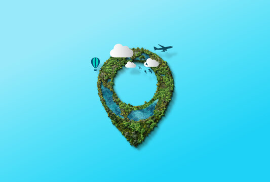 Green location symbol of pin. A green forest shape on location pin concept of green place for tourist or visit. Green Destination. World tourism day concept background.