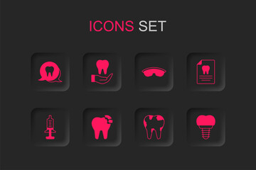 Set Broken tooth, Tooth, Clipboard with dental card, Dental implant, Safety goggle glasses and Syringe icon. Vector