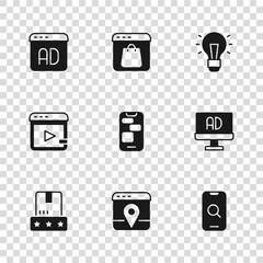 Set Infographic of city map, Advertising, Magnifying glass and mobile, Mobile 24 hours support, Light bulb, Online shopping on screen and Video advertising icon. Vector