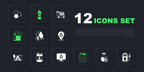 Set Oil petrol test tube, Petrol or gas station, drop with dollar symbol, Canister for gasoline, and industrial factory, Barrel oil, rig fire and icon. Vector