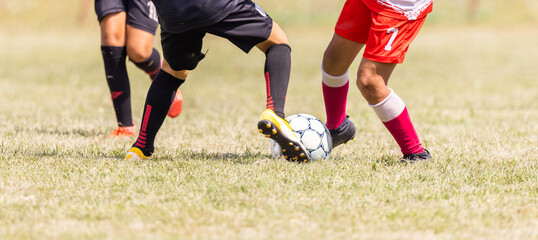 Football Match for Children.  Boys Running and Kicking Football on the Sports Field. Two Youth Soccer Players Compete for the Soccer Ball