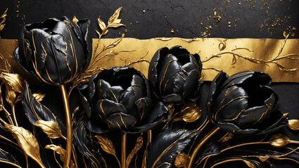 black and gold tulips on a black background