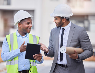 Happy people, architect and tablet in city, planning or construction team in strategy on rooftop at site. Men, engineer or contractor on technology in teamwork, project or architecture plan in town