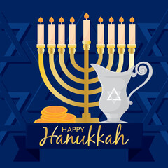 Colored happy hanukkah template with a menorah and sufganiyot food Vector