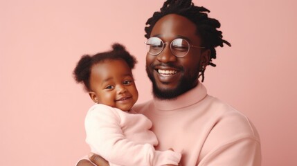 A heartwarming moment captured in the studio as a loving Afro dad gently holds his smiling baby. Generative AI