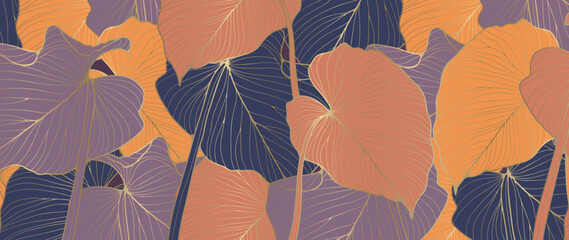 Fototapeta na wymiar Tropical abstract background with leaves in autumn colors and gold outline. Botanical background for decor, wallpapers, postcards and presentations.