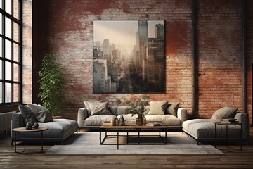Industrial-Chic Interior, Exposed Brick and Artistic Flair Created with Generative AI