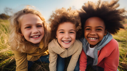 Group of diverse and happy multiethnic children enjoying outdoors