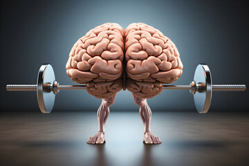 Human brain lifting heavy dumbell weights , Mind memory health training, Alzheimer's prevention, brain training, study and mental health concept