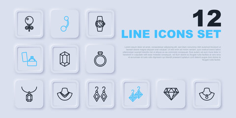 Set line Diamond, Necklace mannequin, Gem stone, Earrings, engagement box, Piercing and icon. Vector