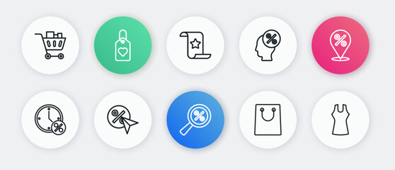 Set line Magnifying glass with percent, Location, Clock and discount, Paper shopping bag, Discount tag, check financial check, Woman dress and icon. Vector