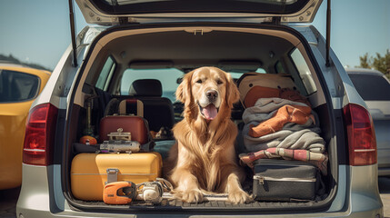 Labrador retriever dog sits in the trunk of a car next to some traveling gear