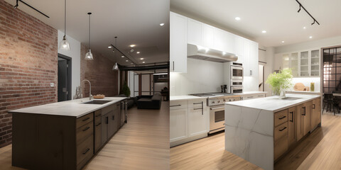 Split comparison view of old kitchen vs new renovated modern kitchen