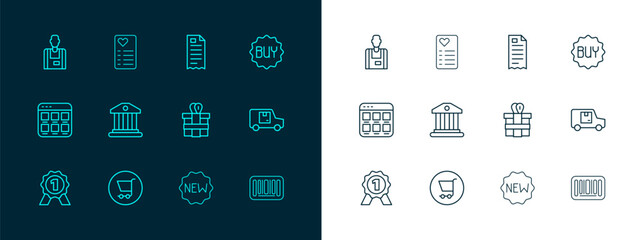 Set line Buy button, Shopping cart, Gift box, Price tag with New, Bank building, Financial check, Seller and list icon. Vector