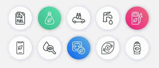 Set line Electrical outlet, Petrol or gas station, Mobile phone with leaf, Water energy, tap, car, Eco nature battery and Drop and magnifying glass icon. Vector