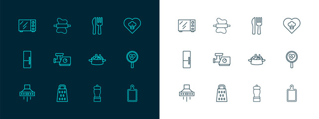 Set line Chef hat, Grater, Cooking pot, Pepper, Kitchen meat grinder, Crossed knife and fork, Microwave oven and Rolling pin on dough icon. Vector