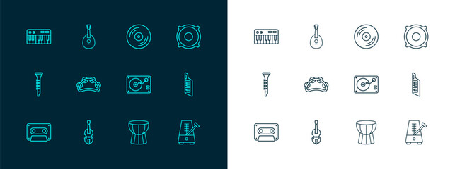 Set line Stereo speaker, Violin, Vinyl player with vinyl disk, African darbuka drum, Tambourine, Music synthesizer and Mandolin icon. Vector