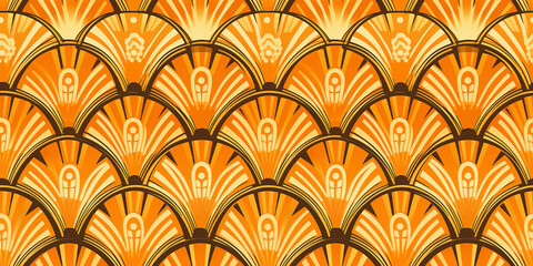 Seamless art deco amber orange and gold pattern. Mosaic for wallpaper in contemporary vintage style with bright and striking colors for the background. Tile ornament fabric backdrop.