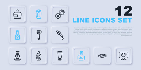 Set line Woman eye, Smiling lips, Shaving razor, Tube of hand cream, Bottle nail polish, shampoo, and Cream lotion cosmetic tube icon. Vector