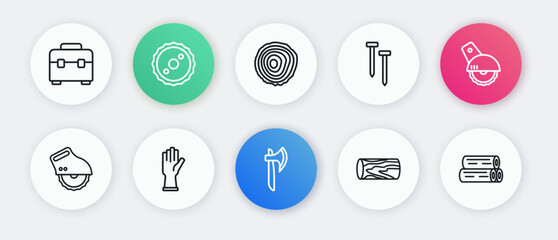 Set line Wooden axe, Electric circular saw, log, Metallic nails, Tree rings, and Protective gloves icon. Vector