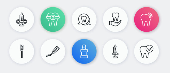 Set line Mouthwash, Broken tooth, Toothbrush, Syringe, and Tube of toothpaste icon. Vector