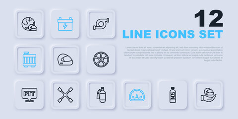 Set line Nitrous oxide, Racing helmet, Speedometer, Car radiator cooling system, Wheel wrench, battery and Fire extinguisher icon. Vector