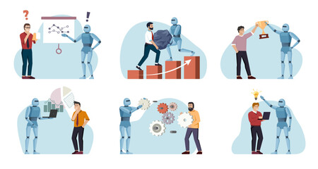 robots helping humans. supplementary labor force, support staff, concept cartoon illustration, UI working with people in office. vector cartoon characers set.