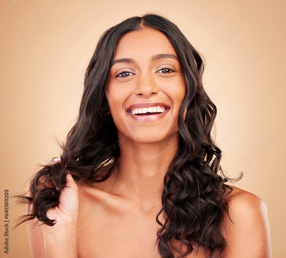 Canvas Prints hair care, smile and portrait of woman in studio with salon keratin treatment for curls. makeup, cos