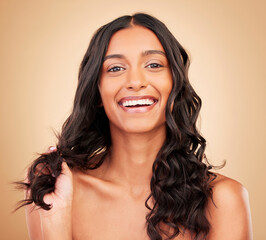 Hair care, smile and portrait of woman in studio with salon keratin treatment for curls. Makeup,...