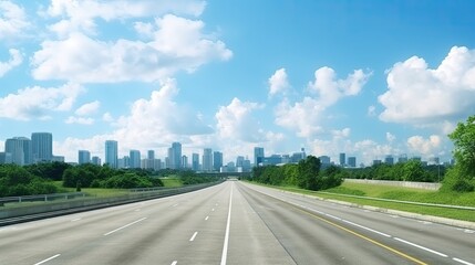 Image of empty asphalt road with city skyline.