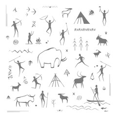 ancient rock painting. petroglyphs drawing sketch set, caveman prehistoric ornaments with hunters. vector sketch hand drawn graphics. - obrazy, fototapety, plakaty