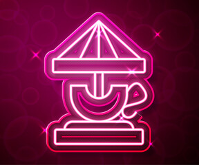 Glowing neon line Attraction carousel icon isolated on red background. Amusement park. Childrens entertainment playground, recreation park. Vector