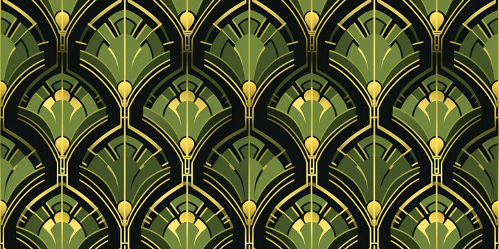 Seamless art deco golden green pattern. Mosaic for wallpaper in contemporary vintage style with bright and striking colors for the background. Tile ornament fabric backdrop.