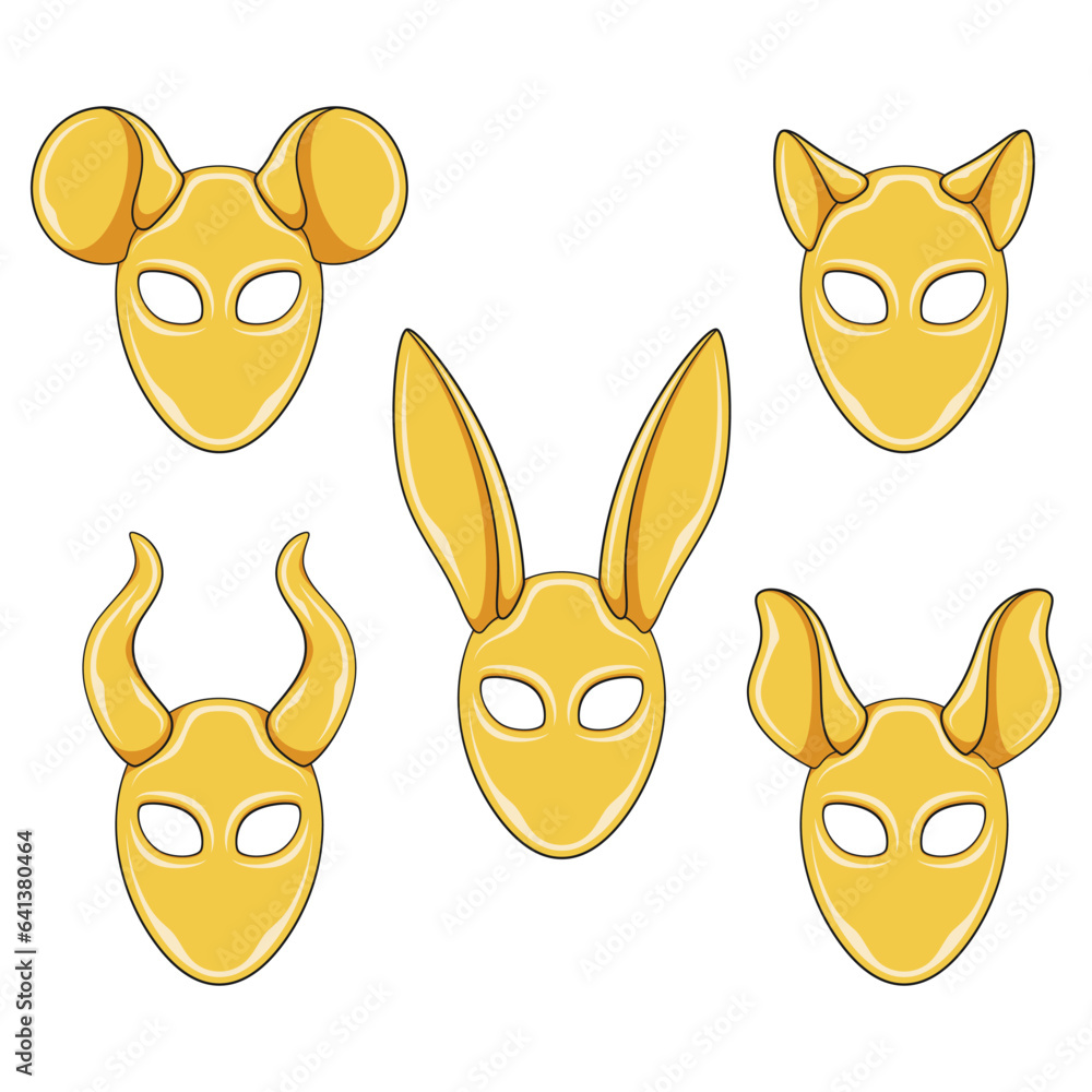 Poster set of color illustrations with golden masks rabbit, cat, mouse, horns ears. isolated vector objects