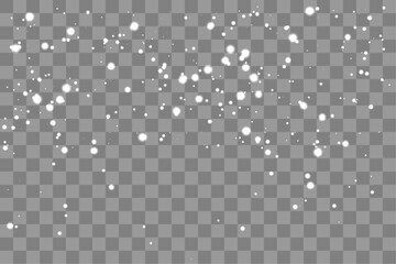 Falling realistic snow on a transparent background. Christmas snowfall, snow flakes, dust in the sky. Vector illustration, png.