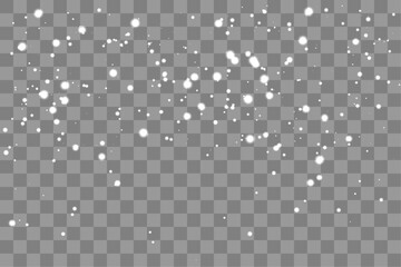 Falling realistic snow on a transparent background. Christmas snowfall, snow flakes, dust in the sky. Vector illustration, png.