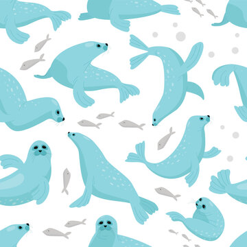 seals animal pattern. seals lying in different poses, north antarctica animals, cute funny cartoon characters. vector ocean flat characters seamless pattern.