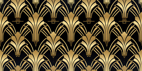 Seamless art deco yellow gold pattern. Mosaic for wallpaper in contemporary vintage style with bright and striking colors for the background. Tile ornament fabric backdrop.