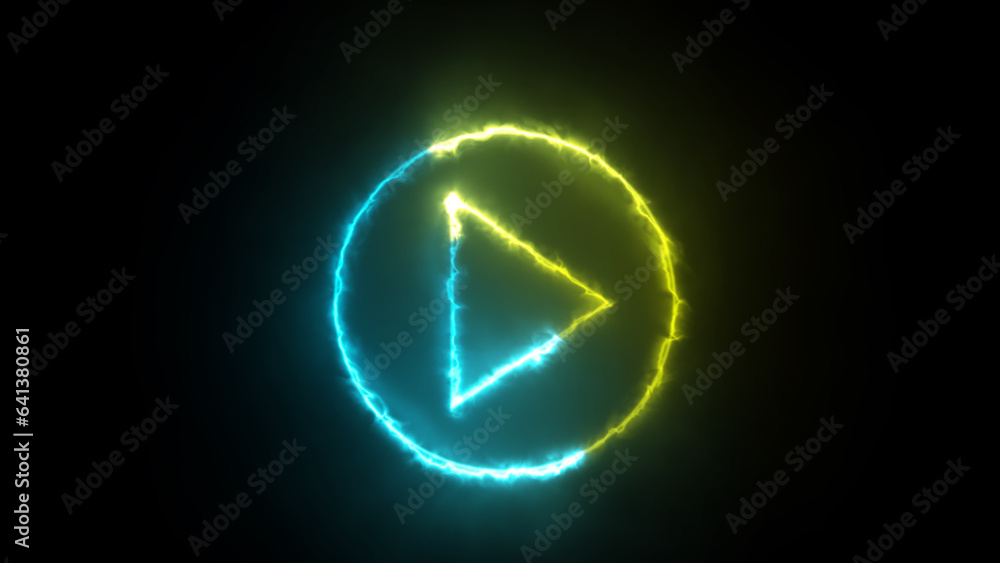 Poster start button. black background with glowing play button. press to play. neon glowing play button.