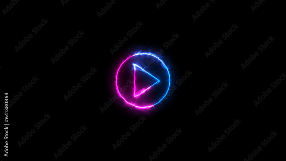 Poster start button. black background with glowing play button. press to play. neon glowing play button.