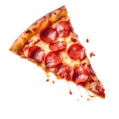 Slice of pepperoni pizza flying isolated on transparent background.