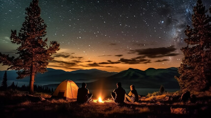 Camping in the mountains at night. Silhouettes of people sitting near bonfire and tent.